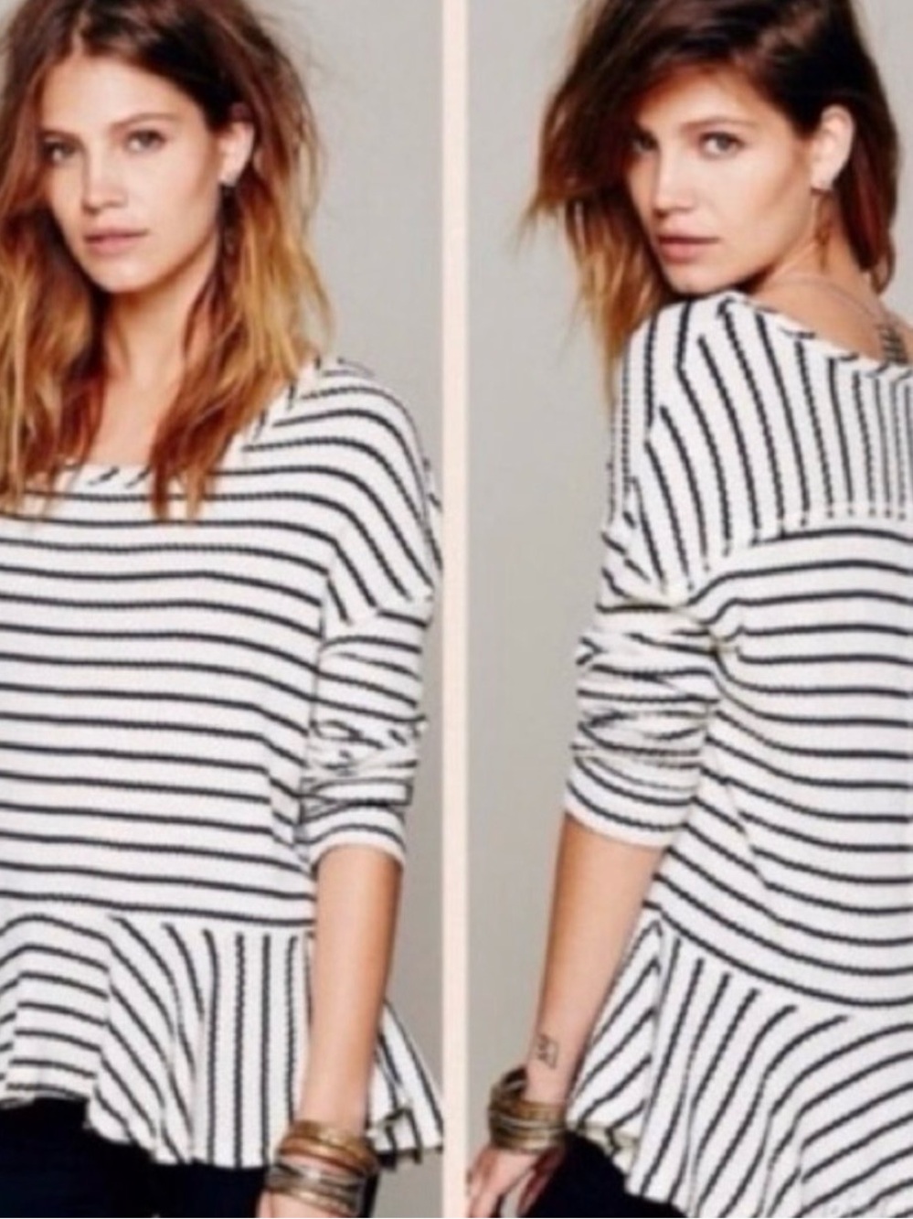 #203 WE THE FREE Auntie Em White/Black Waffle Knit Peplum Thermal Top M